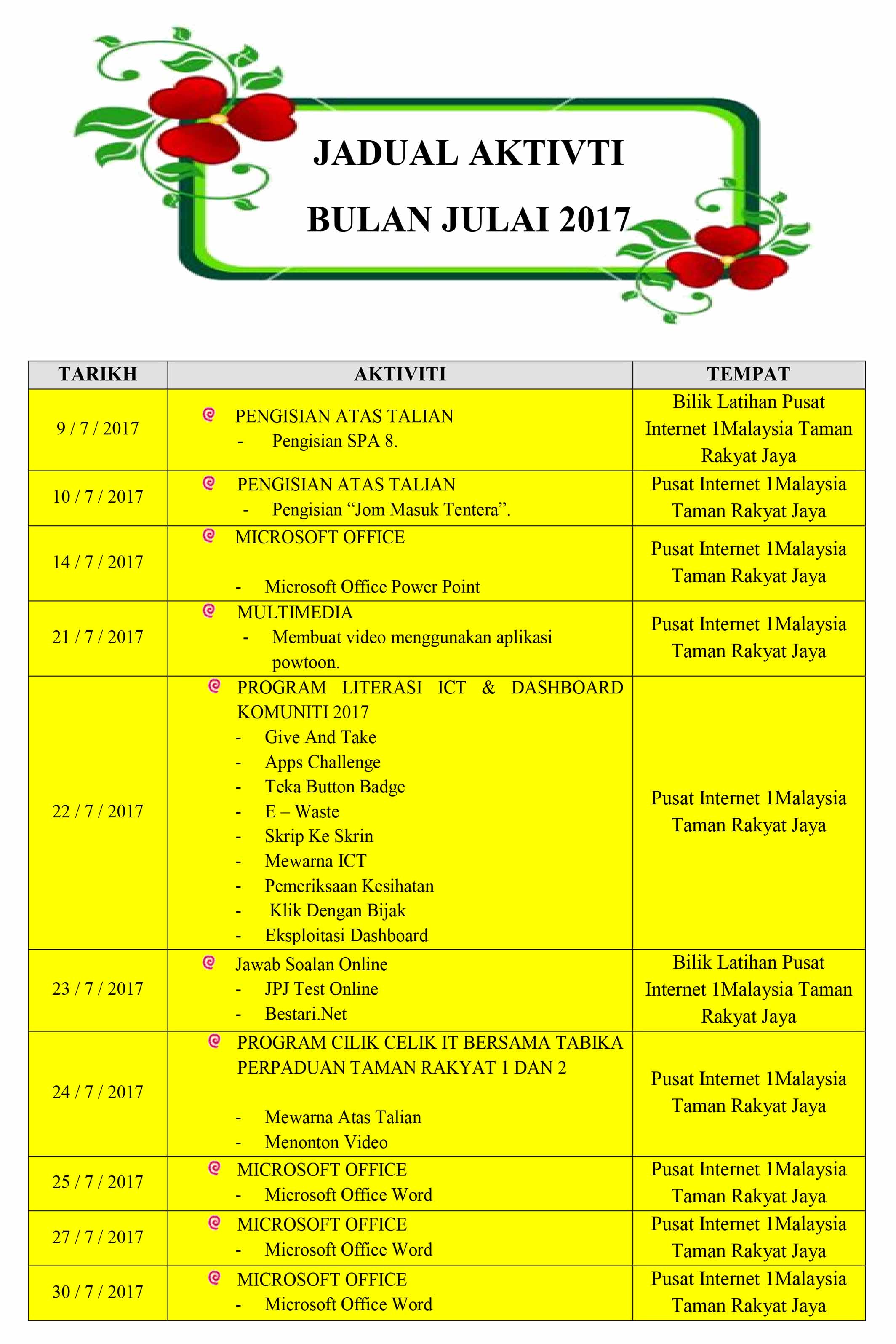 Jadual Aktiviti Julai 2017